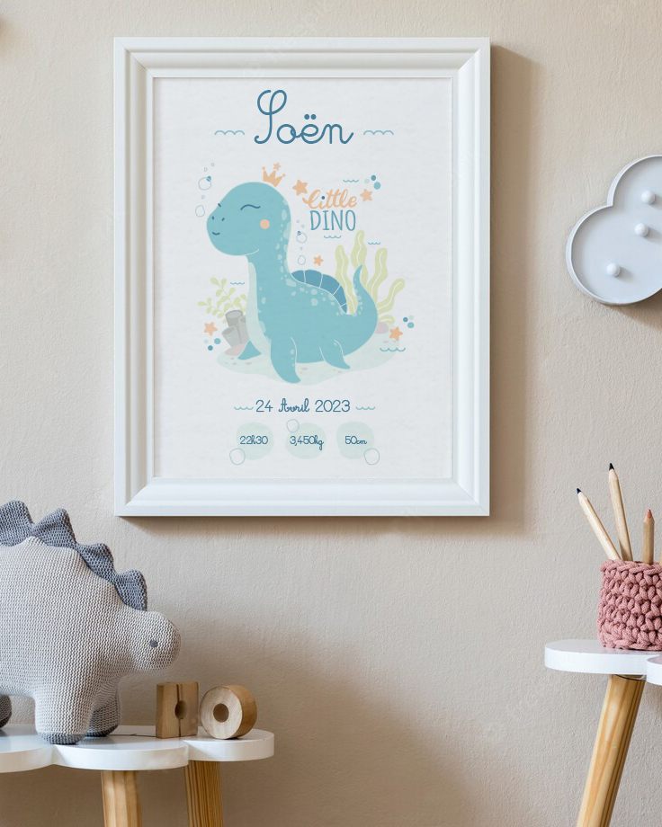 Affiche de naissance dinosaure chambre enfant ambiance